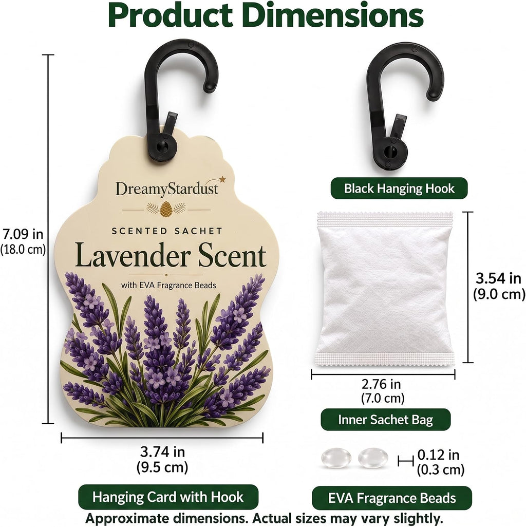 Lavender Scented Sachets for Drawers & Closets, 6 Pack Hanging Fragrance Sachets with EVA Beads for Wardrobe, Car, Shoe Cabinet and Bathroom, 0.35 oz Each