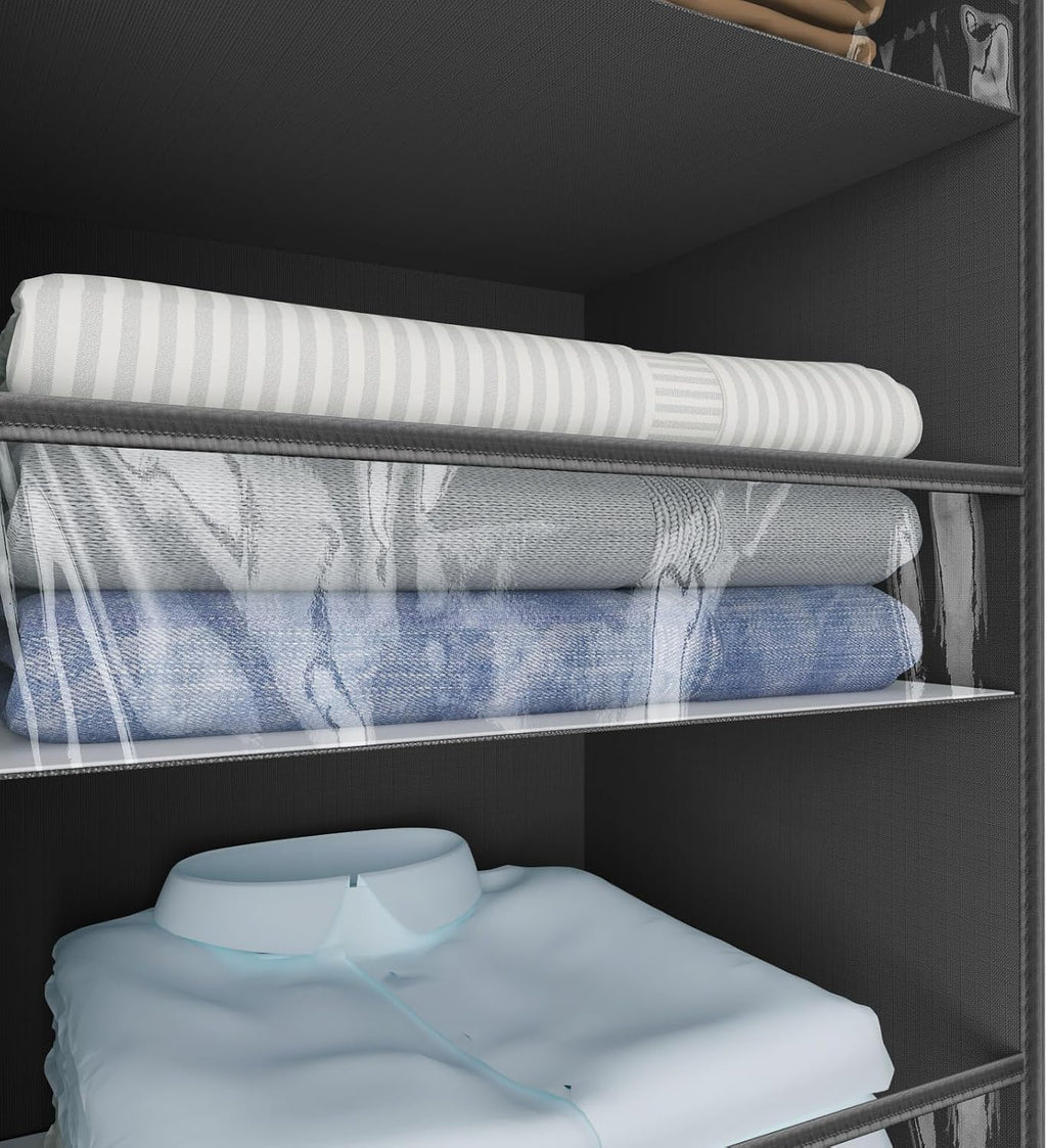 3 Shelf Hanging Closet Organizer Front Lip Design, Wider and Foldable Hanging Closet Wardrobe Storage Shelves with 4 Side Pockes, Clothes Handbag Shoes Accessories Storage, Black