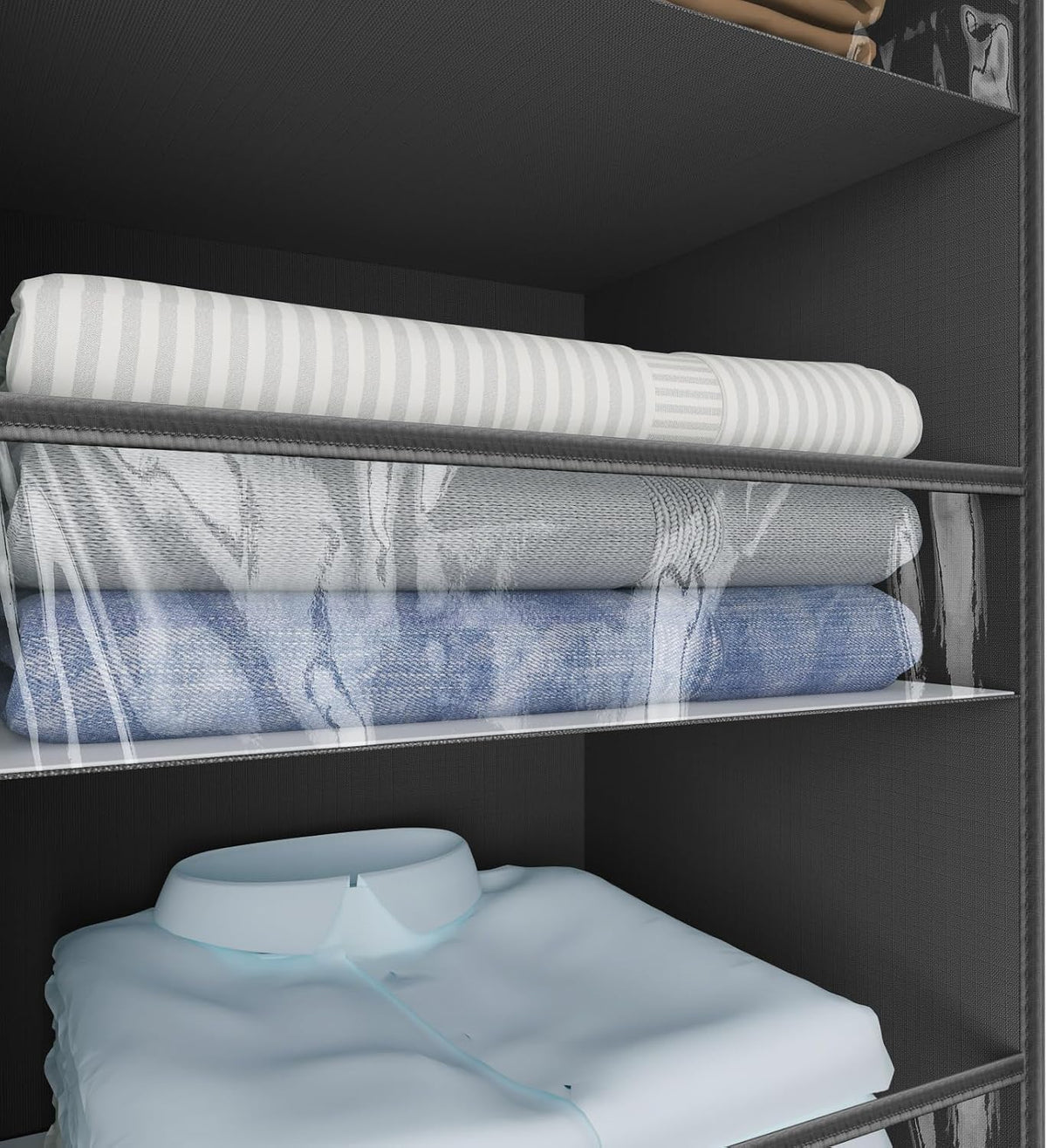 3 Shelf Hanging Closet Organizer Front Lip Design, Wider and Foldable Hanging Closet Wardrobe Storage Shelves with 4 Side Pockes, Clothes Handbag Shoes Accessories Storage, Black