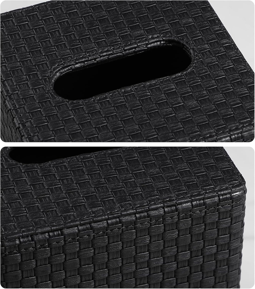 Square Tissue Box Cover, Stylish Leather Tissue Box Holder with Magnetic Bottom, Used As A Decorative Tissue Holder for Living Rooms, Bedrooms, and Desks(Black Woven Pattern)