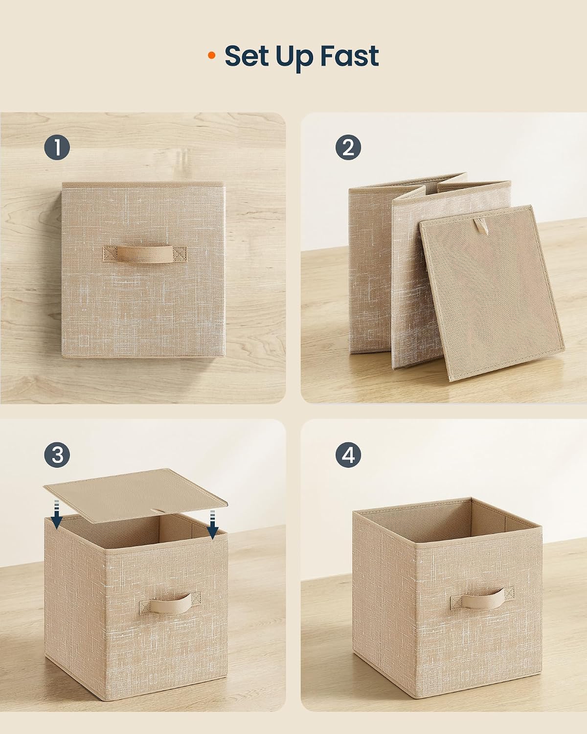 SONGMICS HOME Foldable Storage Cubes Set of 8, Fabric Shelf Organizer Bins with Handles, Closet Storage Boxes for Clothes, 10.4 x 10.4 x 11.2 Inches, Beige