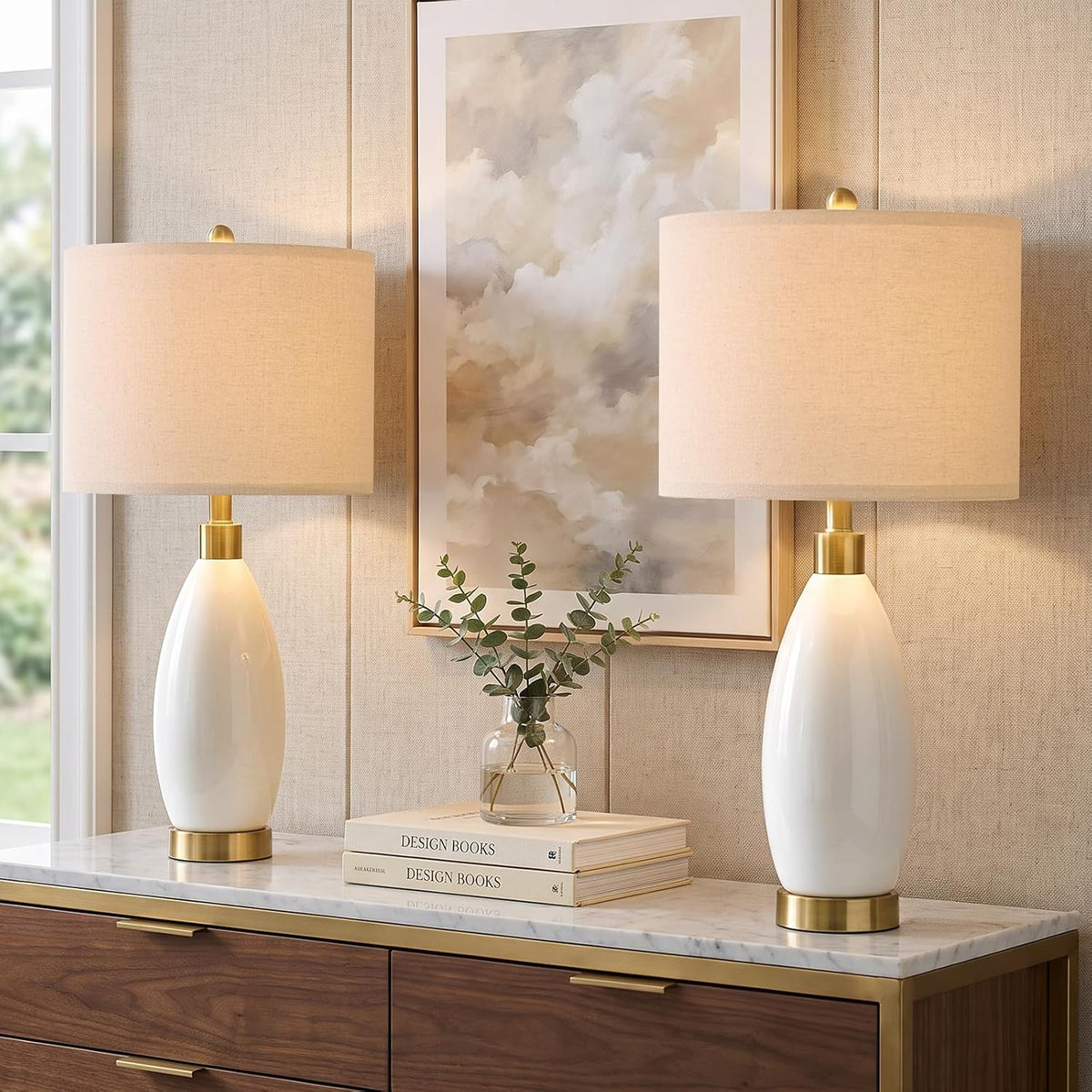 USumkky 24'' Ceramic Table Lamps Set of 2 for Bedroom Living Room White