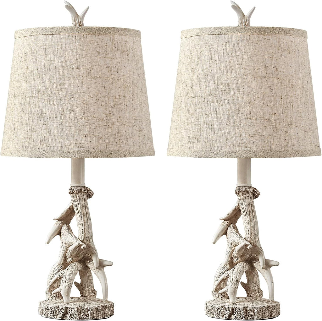 23'' Farmhouse Table Lamps for Bedroom Rustic Deer Antler Table Lamps Set of 2 Bedside Nightstand Lamp Western Log Cabin Lamp for Living Room Study Room Desk, White