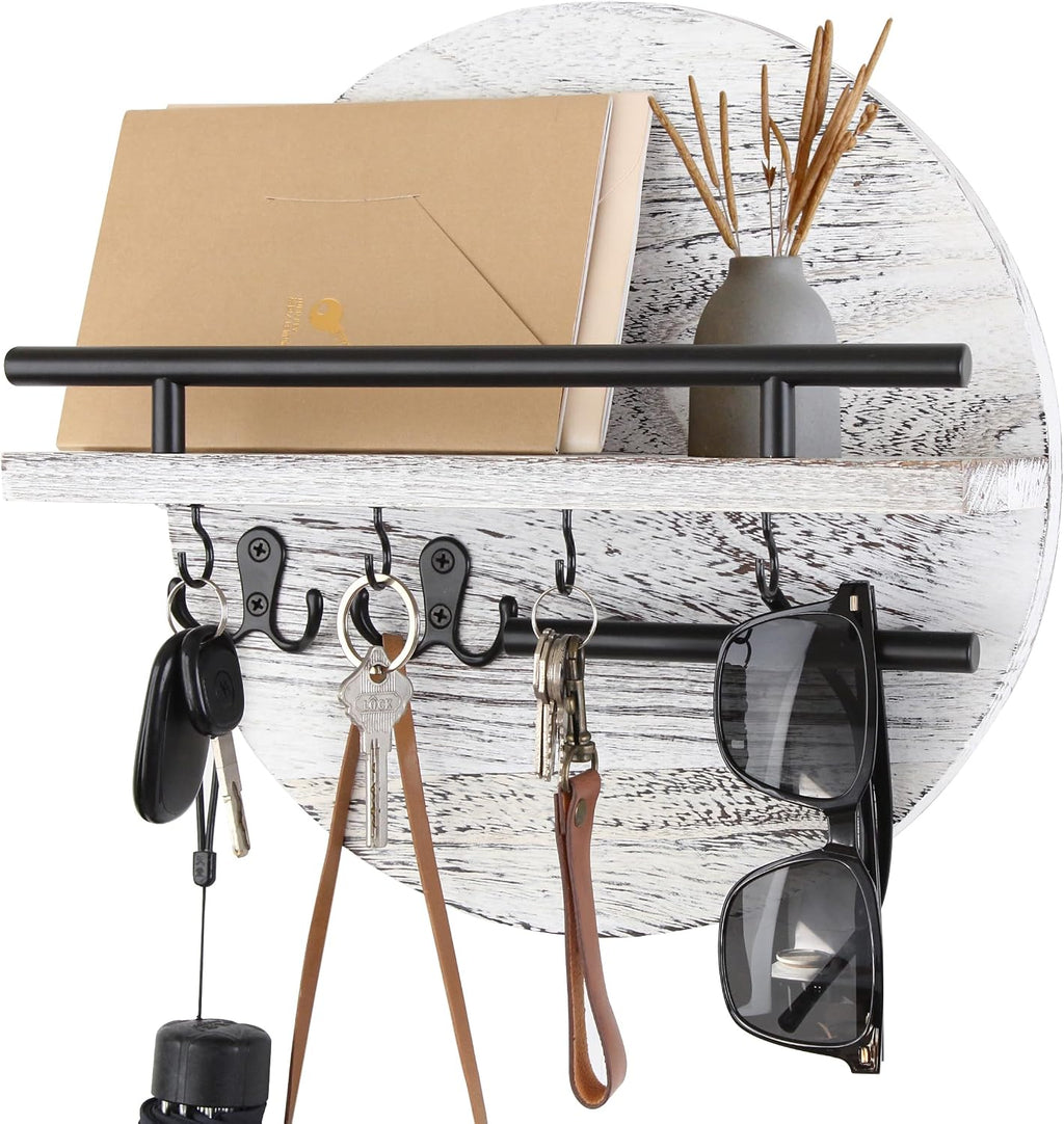 Gurfuy Key Holder for Wall with Shelf - Wood Mail Organizer and Rack with Shelf Hooks Wall Mounted for Entryway Decor Magazines Letter Storage Farmhouse Living Room Bedroom Doorway (White)