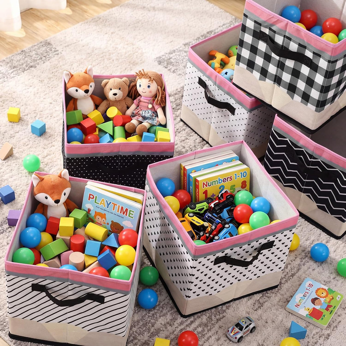 Thyle 6 Pcs 11in Pencil Fabric Bins for Classroom Black White Buffalo Plaid Storage Cube Collapsible Cubby Baskets with Handle for Back to School Kindergarten Daycare Bedroom Teacher Playroom Decor