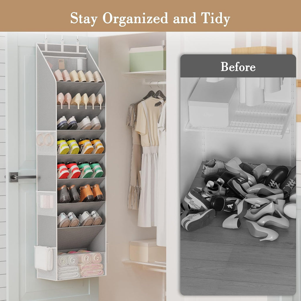Criusia Shoe Storage, Over the Door Shoe Organizer, Hanging Closet Shoe Storage with Large Deep Pockets, Fits 16–24 Pairs of Sneakers, Sandals, Boots, Gray