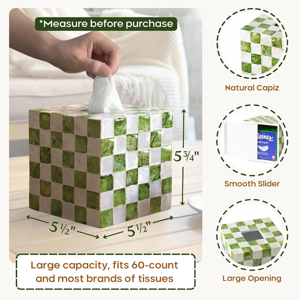 CHI AN HOME 5.5" Capiz Checkered Square Tissue Box Cover, Pistachio Green