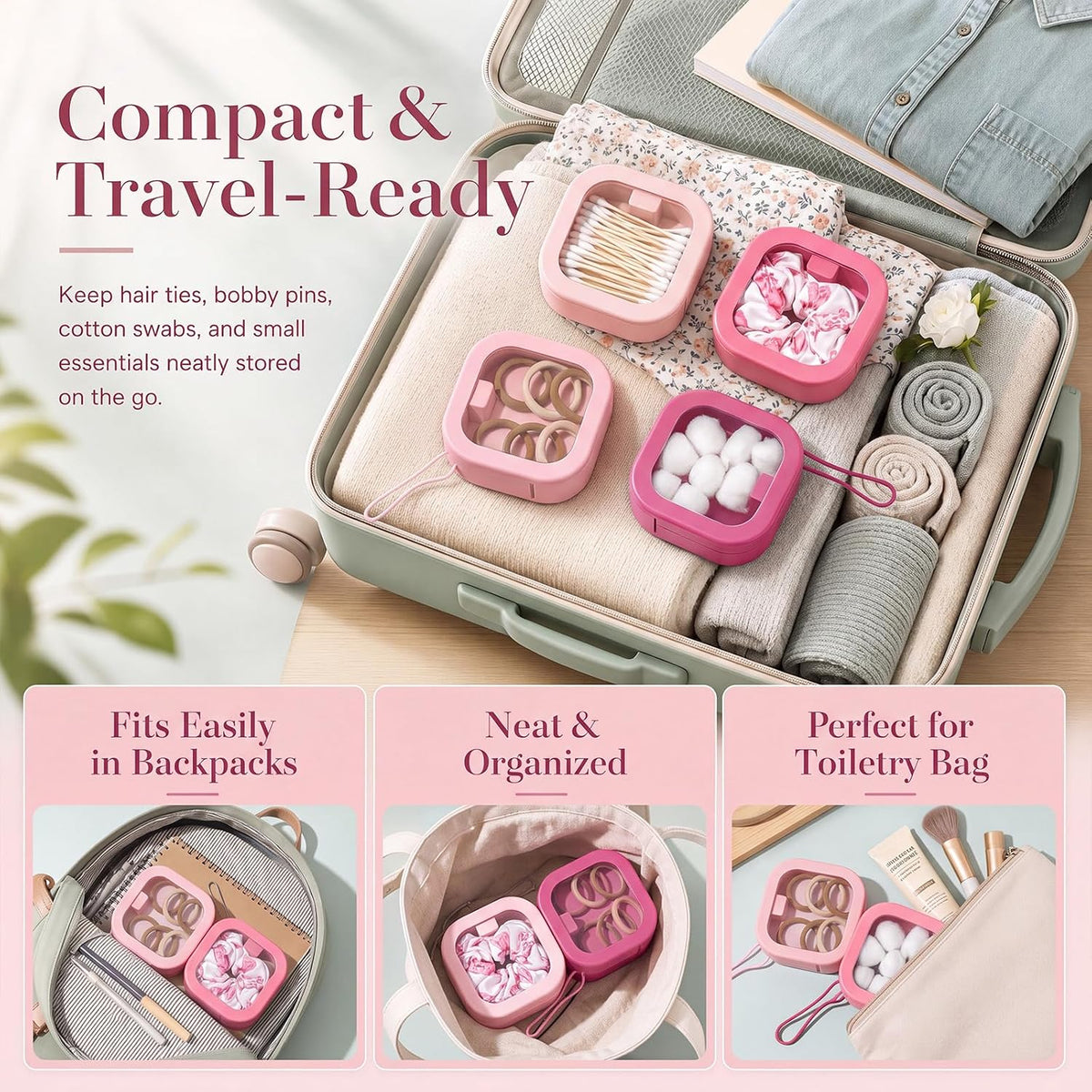 Kathfly 4 Pcs Hair Tie Organizer Travel, Stackable, Pink Range