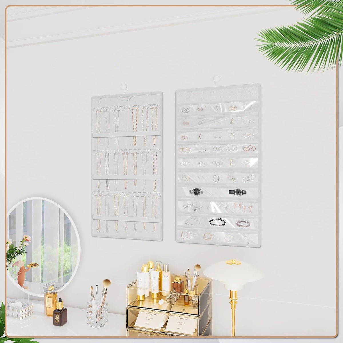 Hanging Jewelry Organizer, Double-Sided Necklaces Holder, White