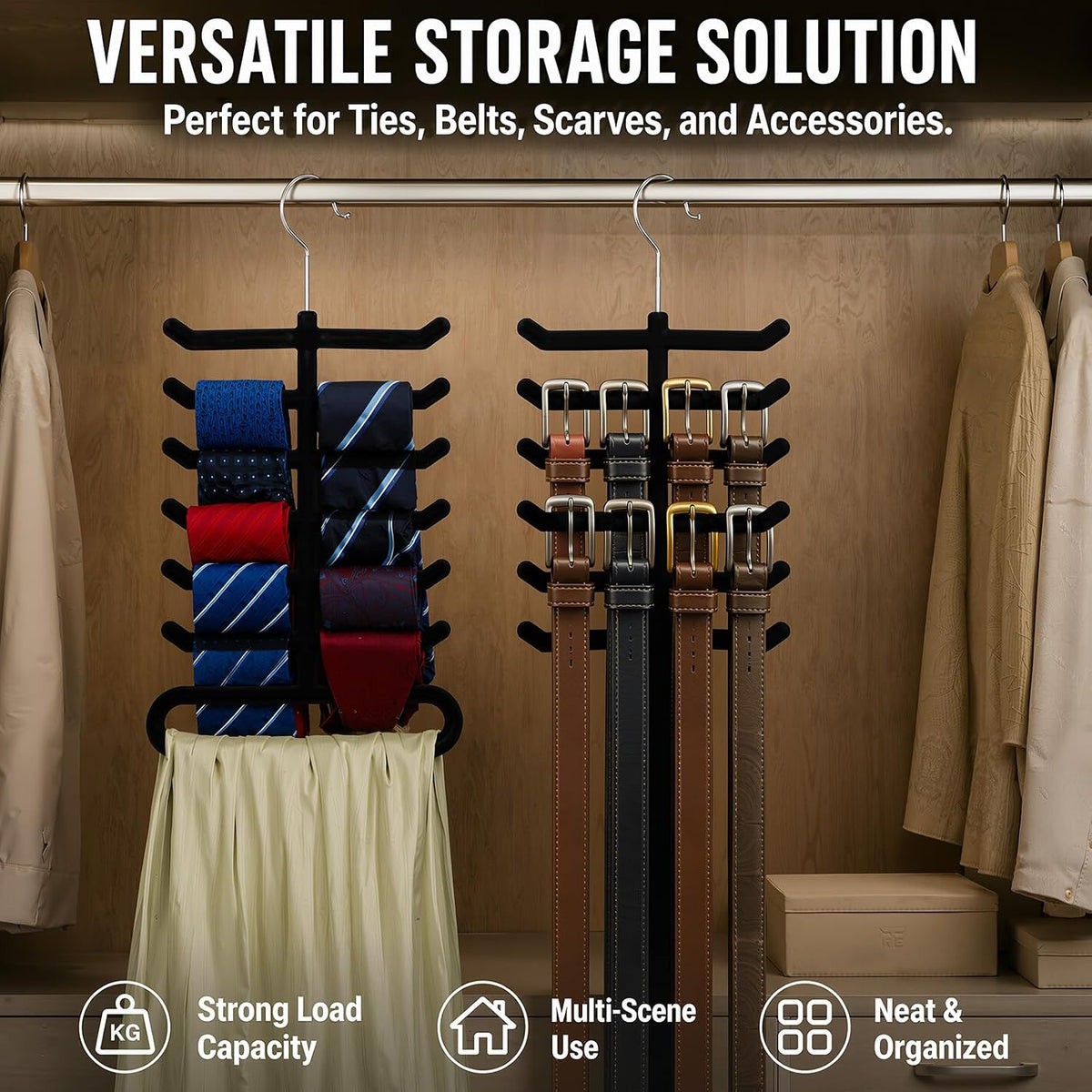 Kathfly Tie Hanger Organizer Multilayer Black Velvet Tie Holders for Closet
