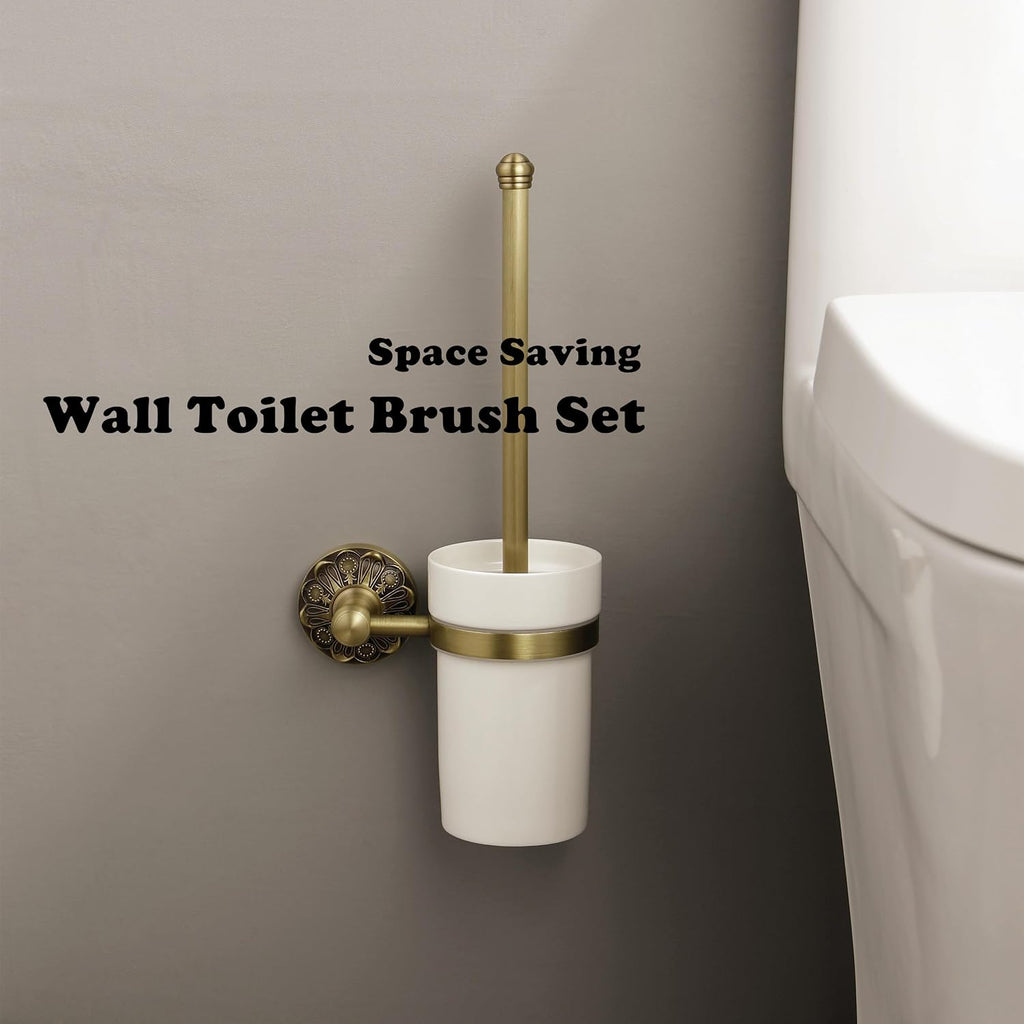 Antique Brass Toilet Brush and Holder, Bathroom Wall Mounted Toilet Bowl Brush with Canister, Vintage Gold Decorative Bathroom Accessories, Ceramic and Brass, Petal-Relief Series