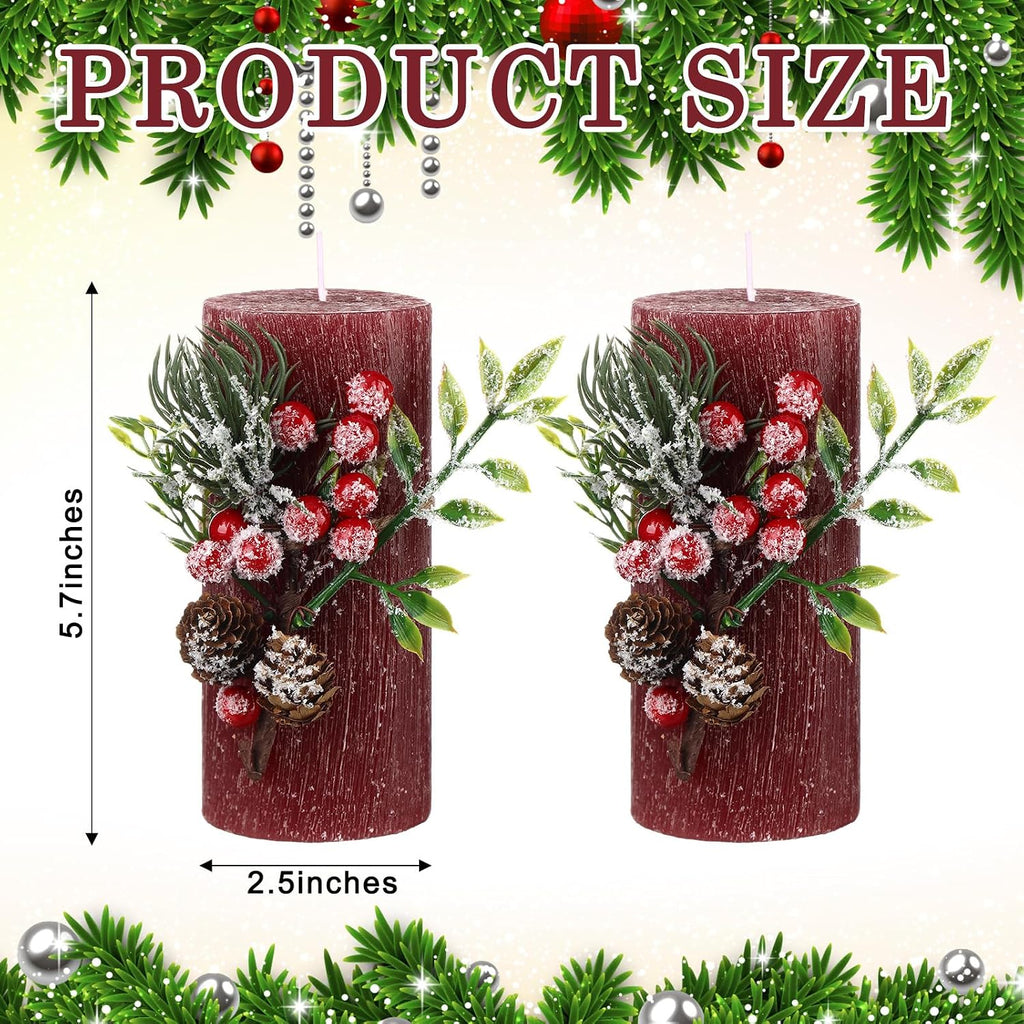Conelist 2 Pcs Christmas Burgundy Pillar Candles 3 x 6in with Pine Branch