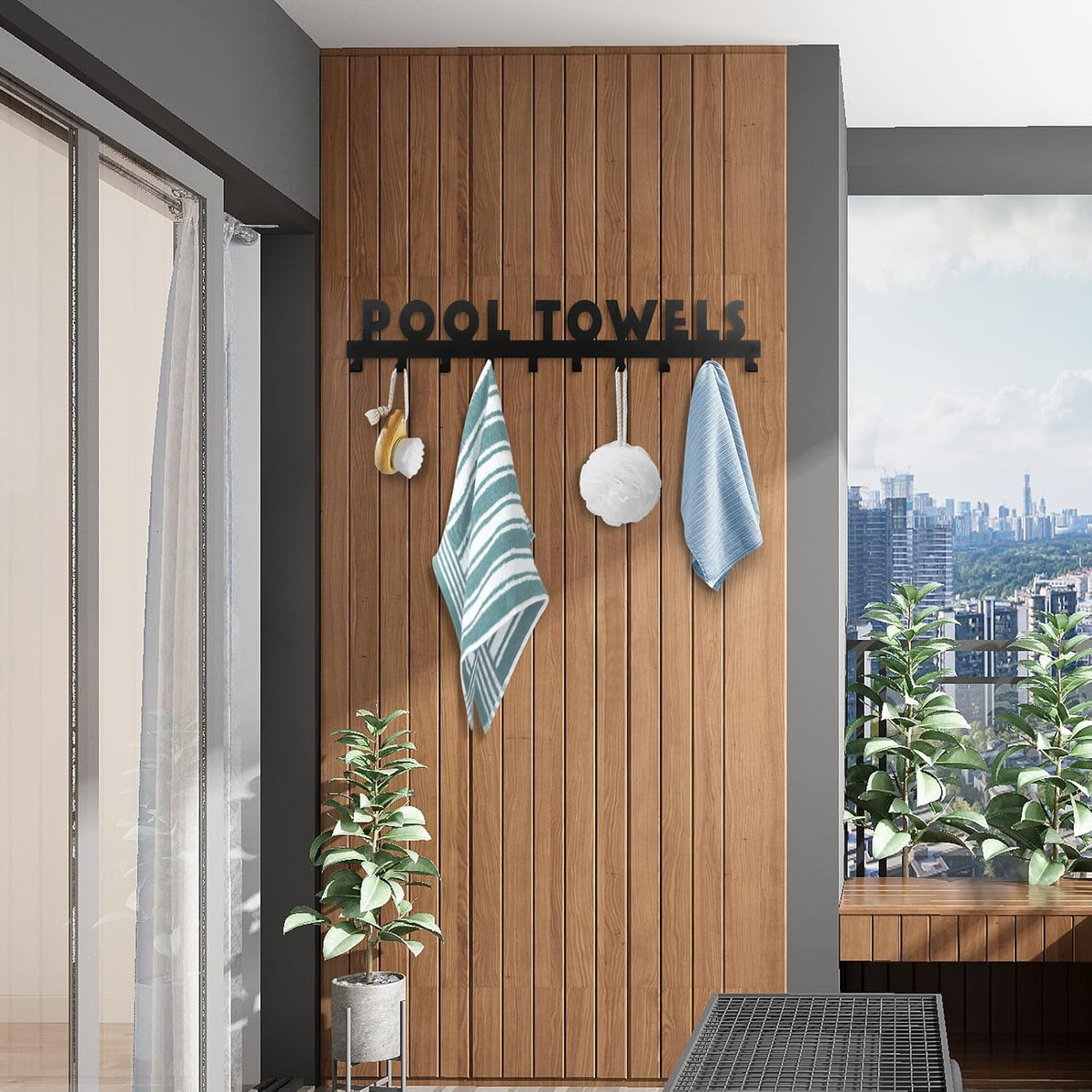 IBosins Large Pool Towel Rack with 10 Hooks Towel Holder Outdoor Black