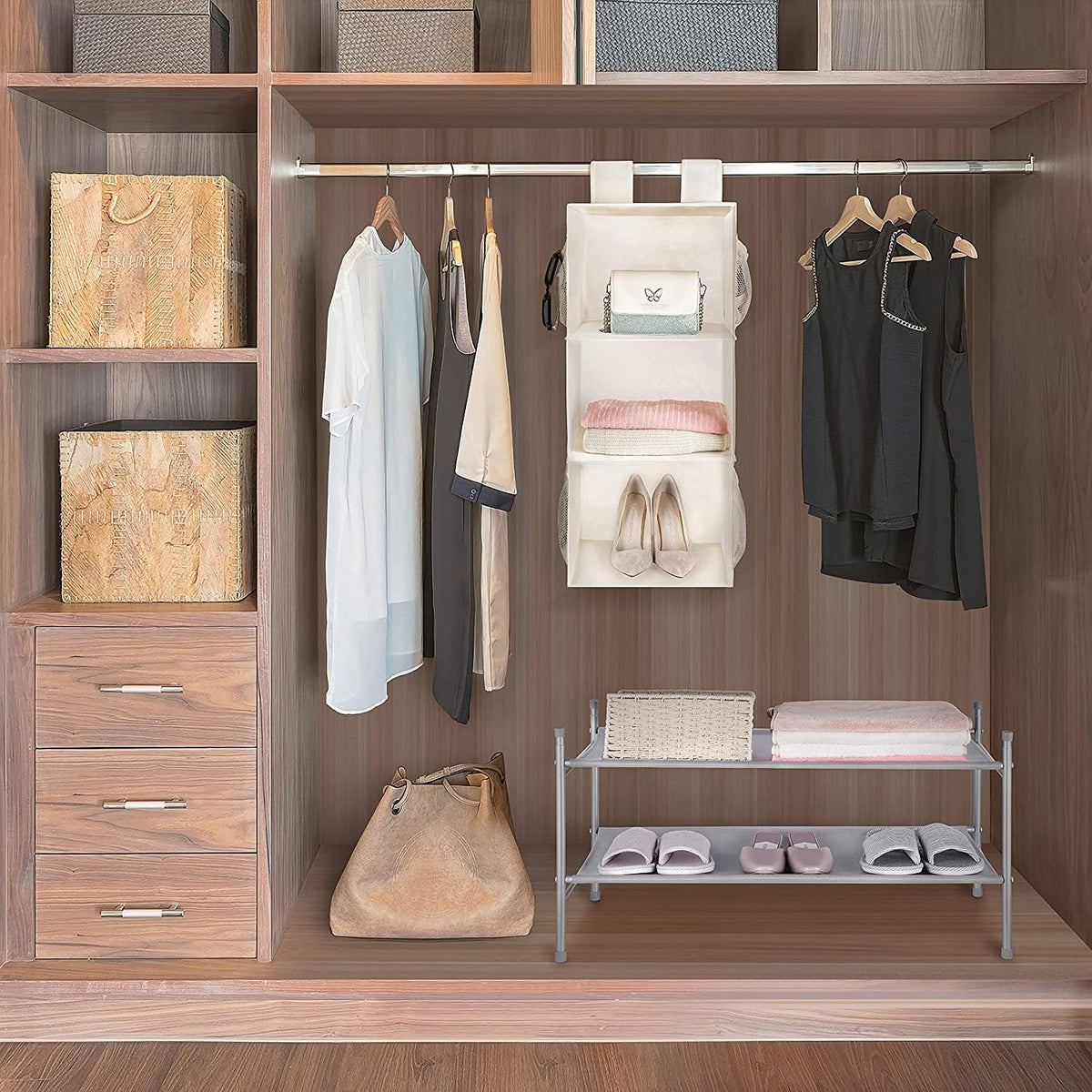 MAX Houser 2 Pack 3 Shelf Hanging Closet Organizer with 2 Velcro, Beige