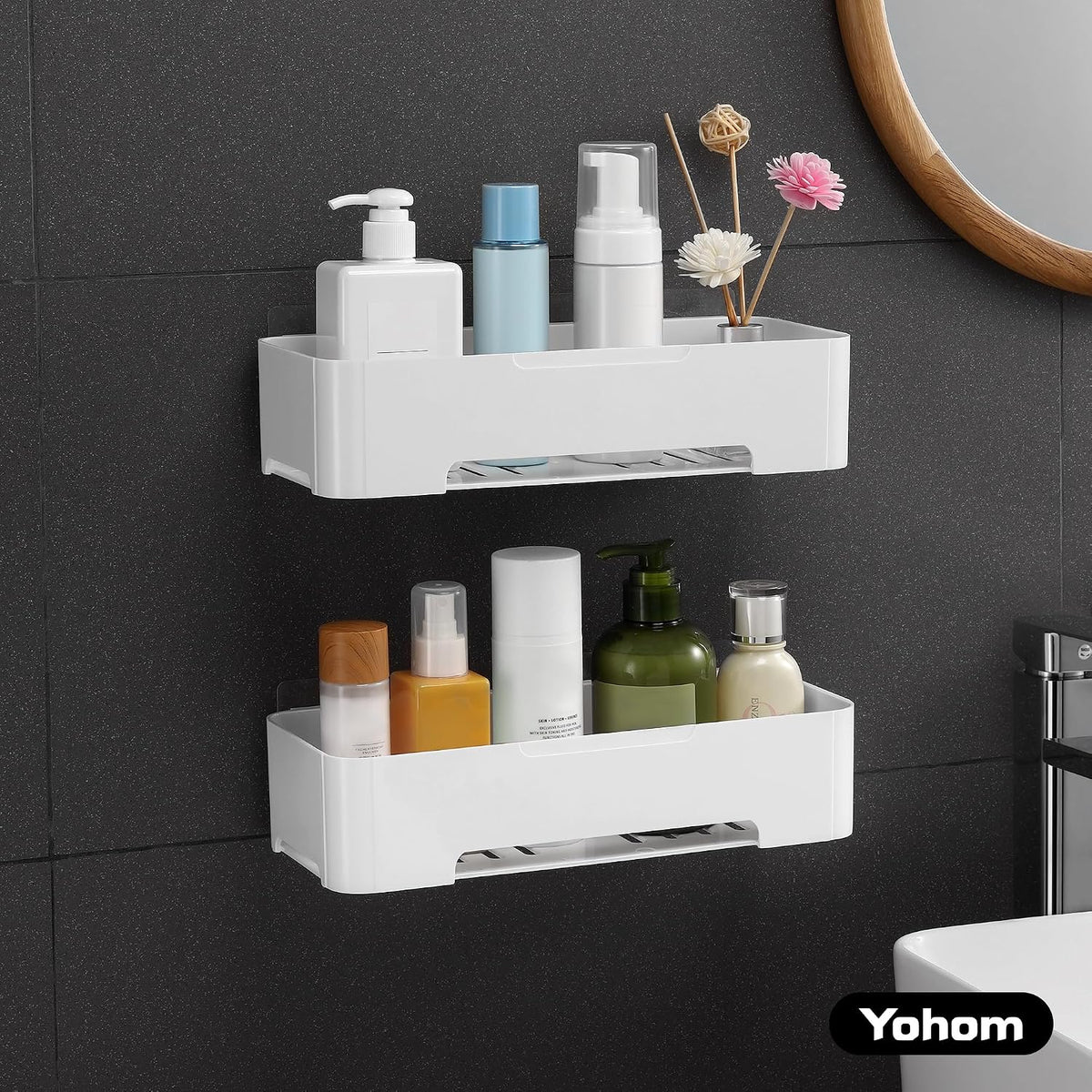 YOHOM Adhesive Shower Caddy Shelf for Bathroom Wall Plastic Shampoo Holder for Shower Storage Organizer Caddy Basket White