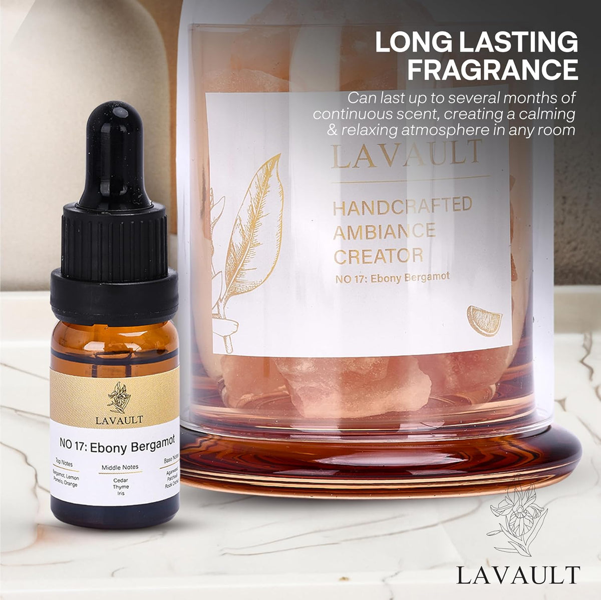 Lavault Reed Diffuser Set for Home, Office, Bedroom & Bathroom - Essential Oil Home Fragrance with Reed Sticks - Ebony Bergamot Scented