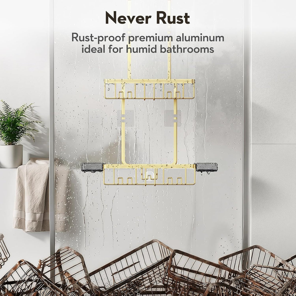 Over the Door Shower Caddy Hanging With Double Soap Holder Never Rust Aluminum Shower Shelf With 4 Hooks Hanging Bathroom Organizer No Drilling Shelves for Bathroom Storage Gold