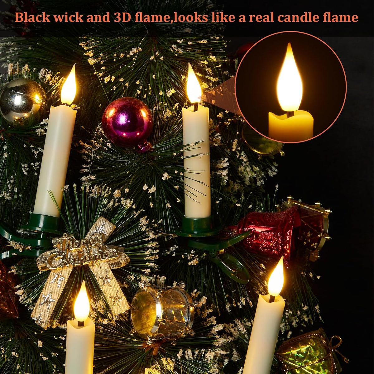 IMAGE Clip On Candles for Christmas Tree, 3.8 Inch Battery Operated Flameless Taper Candles with Remote Control Timer, Warm White LED Tree Candles with 3D Flickering Wick
