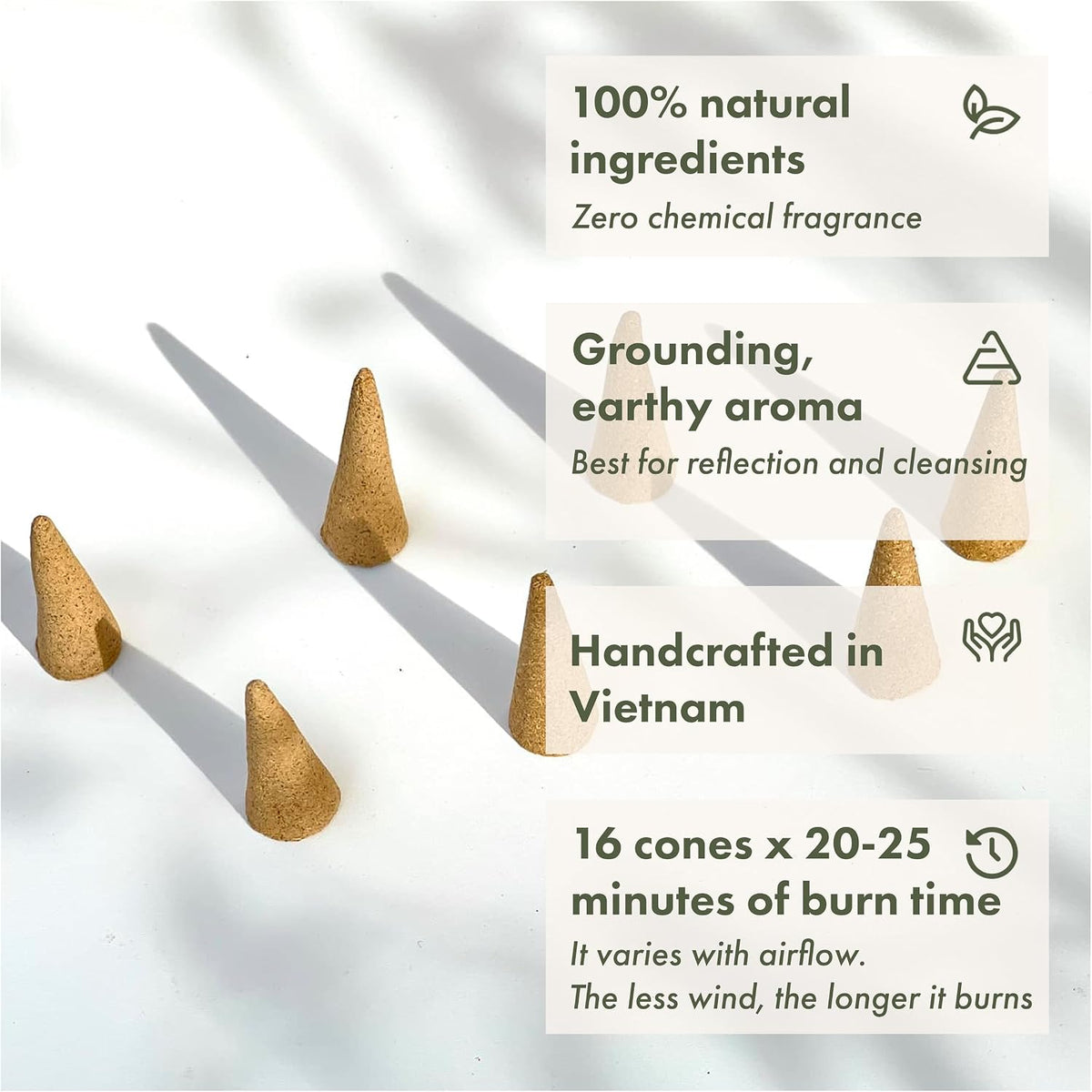 Premium Vietnam Incense - 16 Cones, No Chemical Fragrance, Handcrafted in Vietnam (White Sage)