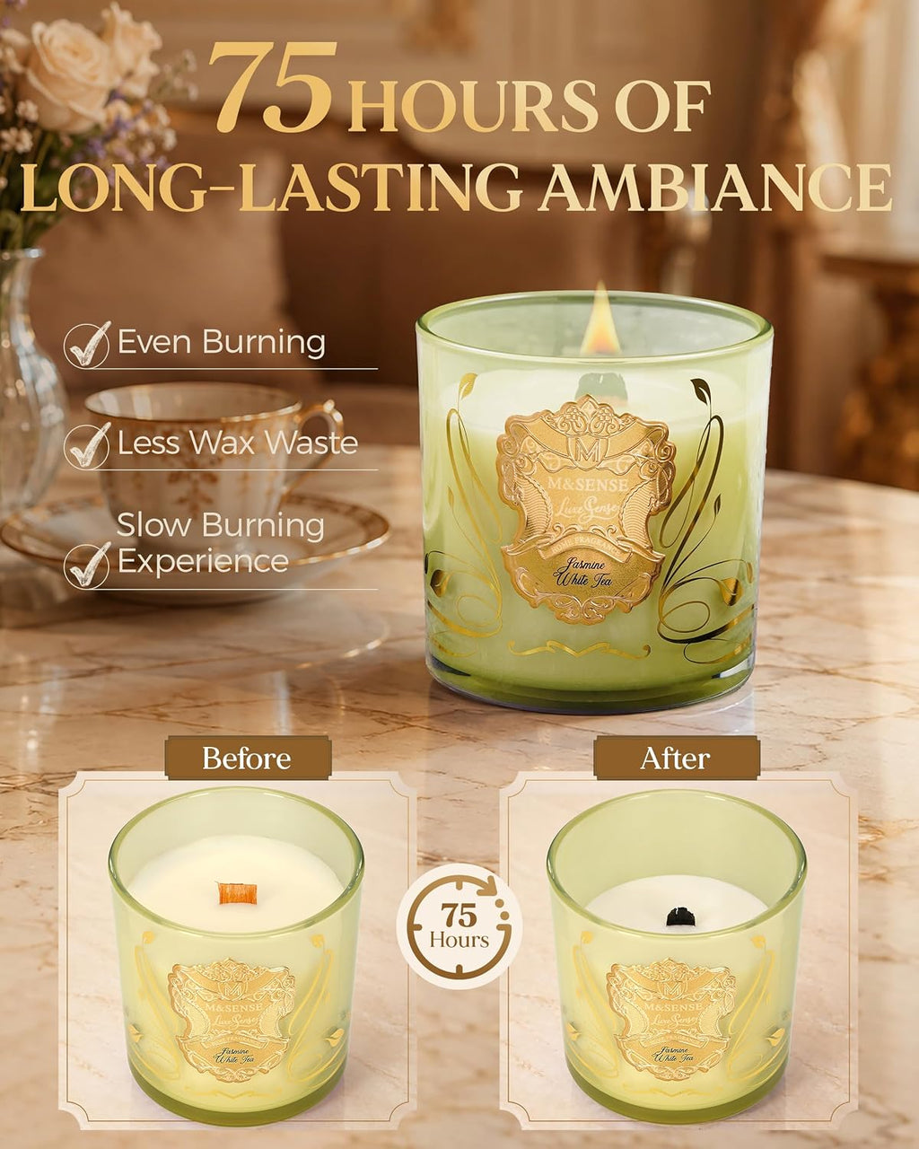 M&SENSE Jasmine White Tea Scented Crackling Wooden Wick Candle 13oz 75h