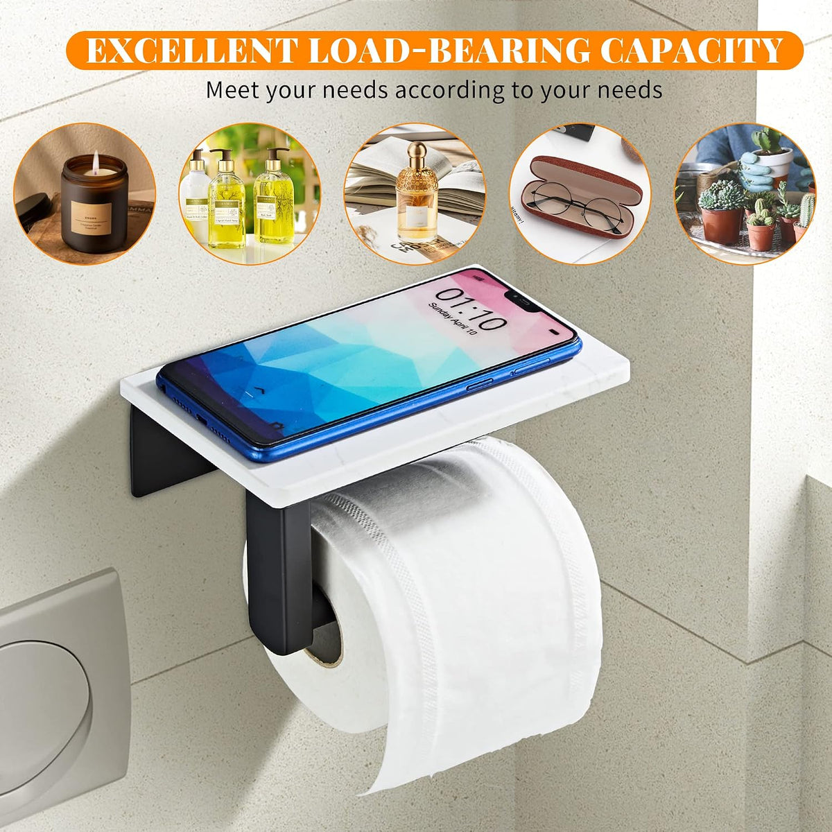 Matte Black Toilet Paper Holder with Marble-Look Shelf, Wall Mounted SUS304 Stainless Steel Toilet Roll Holder with Phone Storage