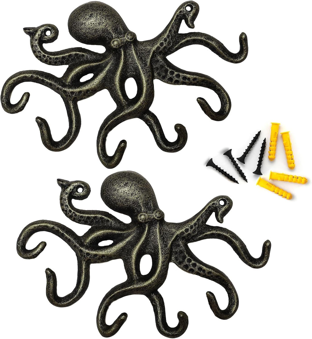 Cast Iron Octopus Wall Hook, Decorative Hooks, 2Pcs, Bronze