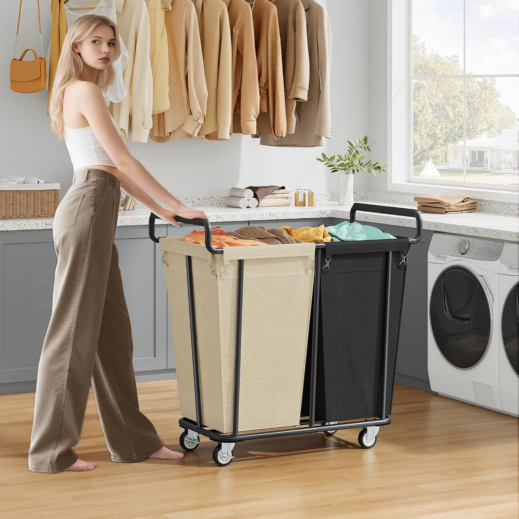 Gewudraw 2 Section Heavy Duty Laundry Basket with Wheels, 360L