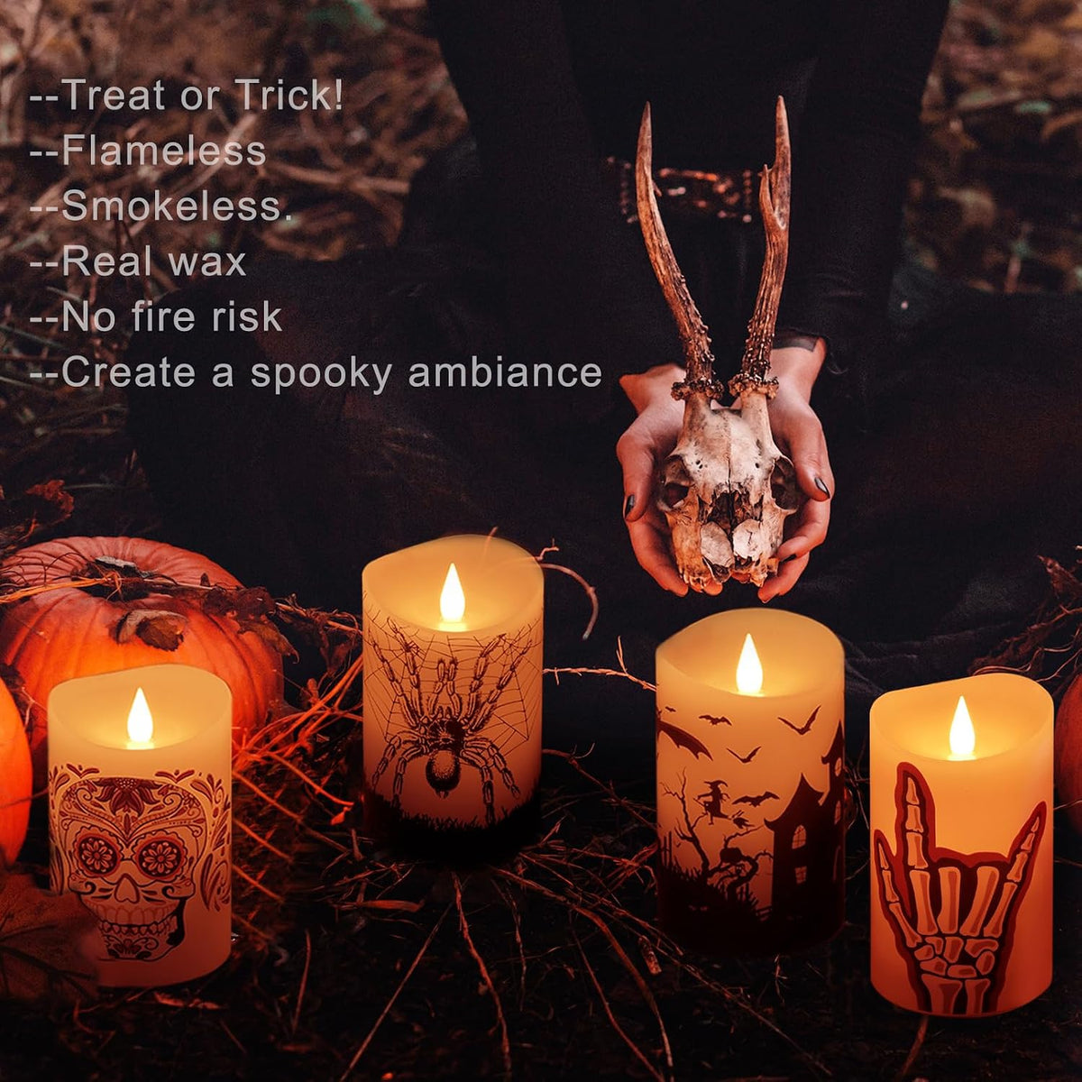 Halloween Flameless LED Candles with Remote Control, 3"x 5"Battery Operated Pillar Real Wax with Timer for Halloween Decorations, Ghost House Candle