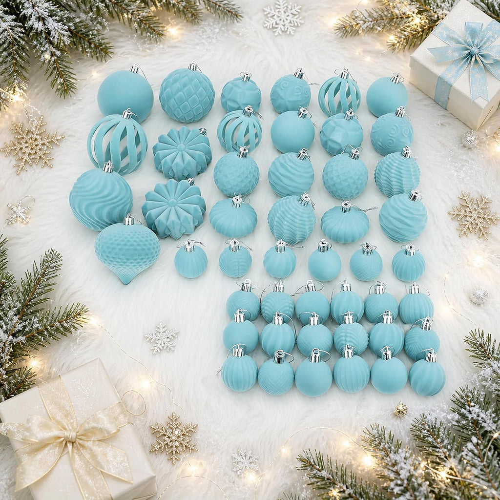 47 Pcs Velvet Christmas Ball Ornaments, Light Blue, 3 Sizes, Mixed Shapes
