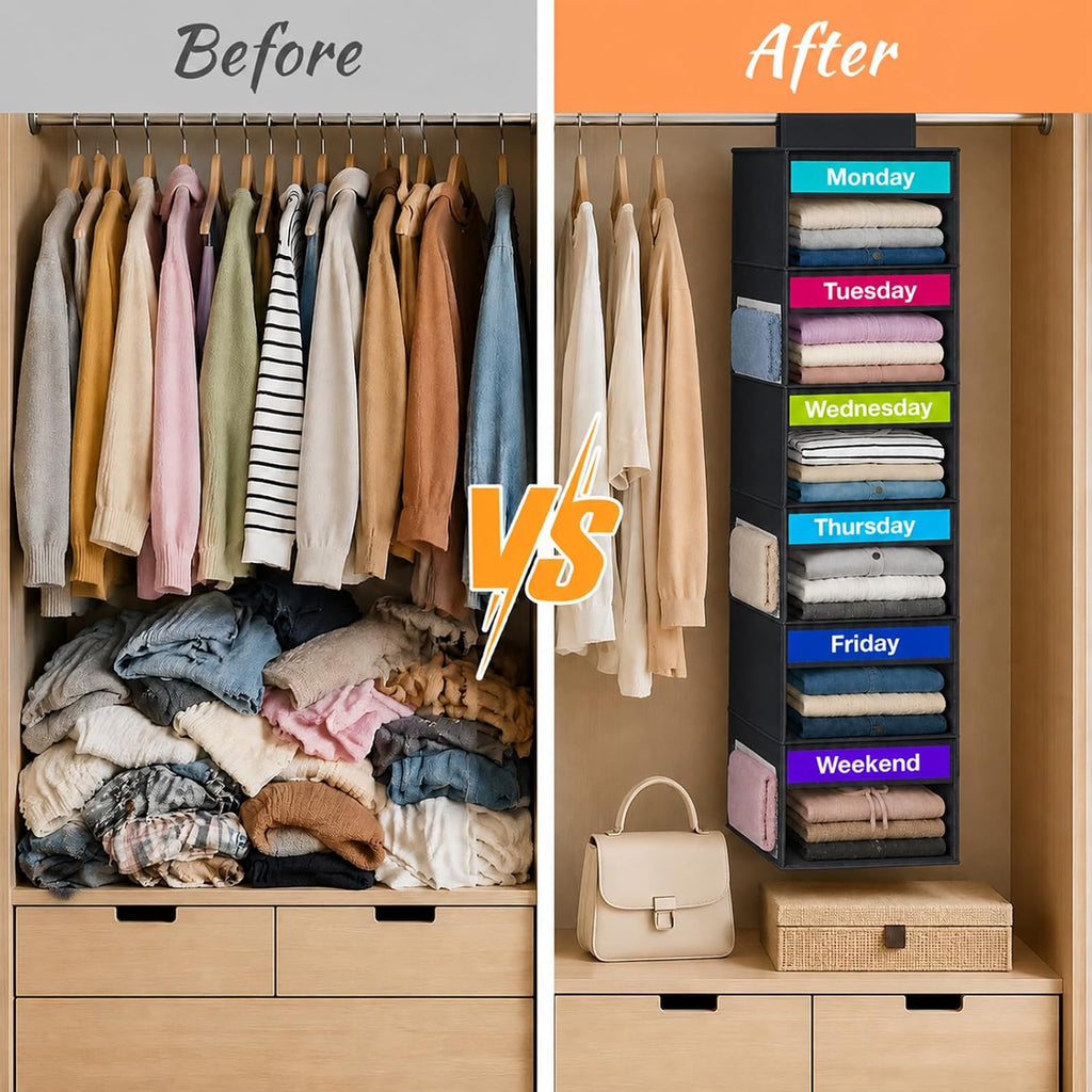 Weekly Clothes Organizer for Closet, 6-Shelf Hanging Closet Organizer with 6 Side Pockets(Black)
