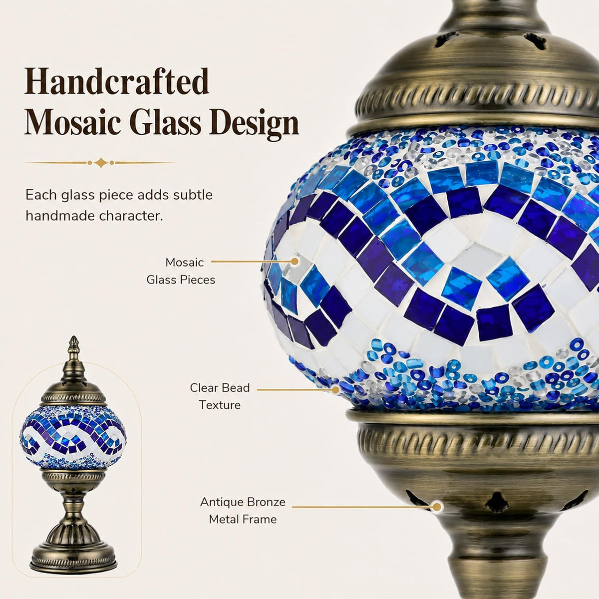 GOGERS Turkish Moroccan Table Lamp Lantern with Handmade Mosaic Glass Lampshade Tiffany Style Bohemian Stained Glass Decorative Desk Lamps Bedside Night Lights for Bedroom (White Multiple Blues)