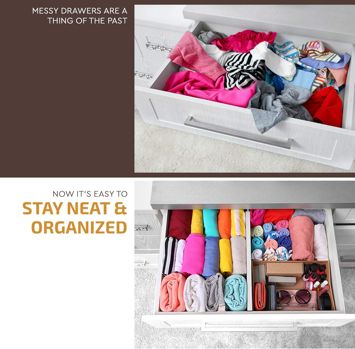 6-Pack Drawer Dividers 2.6-Inch High Dresser Organizer 16 to 22 Inch, White