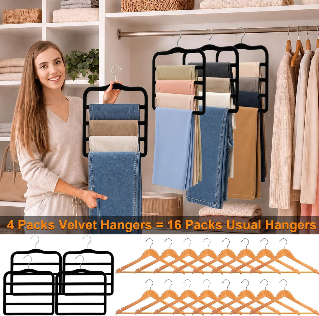Velvet Pants Hangers Space Saving, Multi-Tier Closet Organizers for Jeans Trousers Skirts Scarves, Non-Slip Vertical Storage for College Dorm & Apartment Essentials (4 Pack-Black)