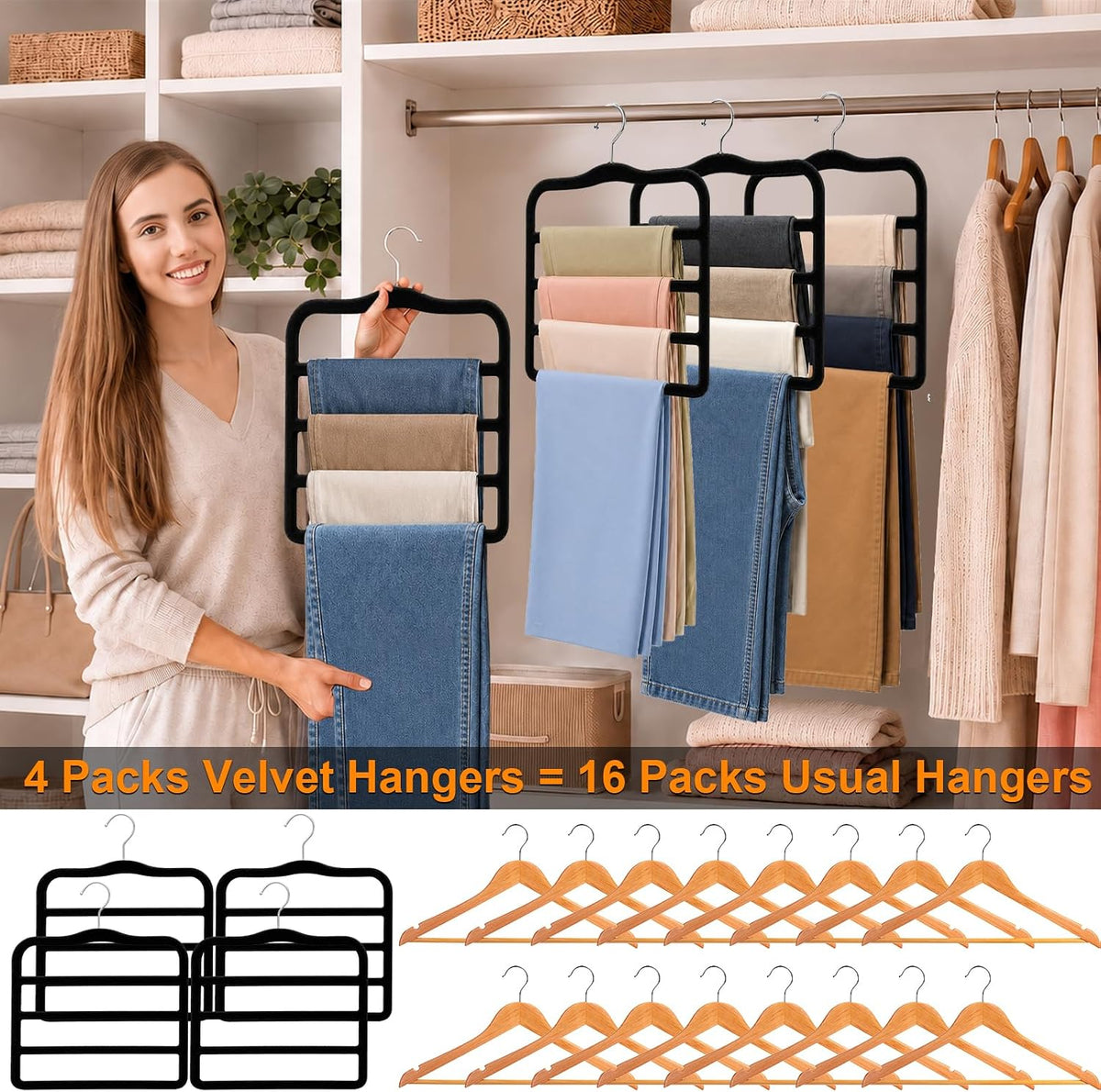 Velvet Pants Hangers Space Saving, Multi-Tier Closet Organizers for Jeans Trousers Skirts Scarves, Non-Slip Vertical Storage for College Dorm & Apartment Essentials (4 Pack-Black)