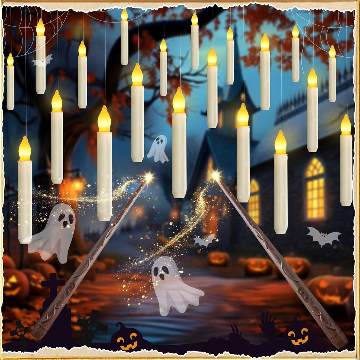 Homemory 20 Pcs Floating Candles with 2 Wand, LED Warm Yellow Magic Deco Candle, Warm Yellow Flameless Taper Candles for Halloween Party Decor