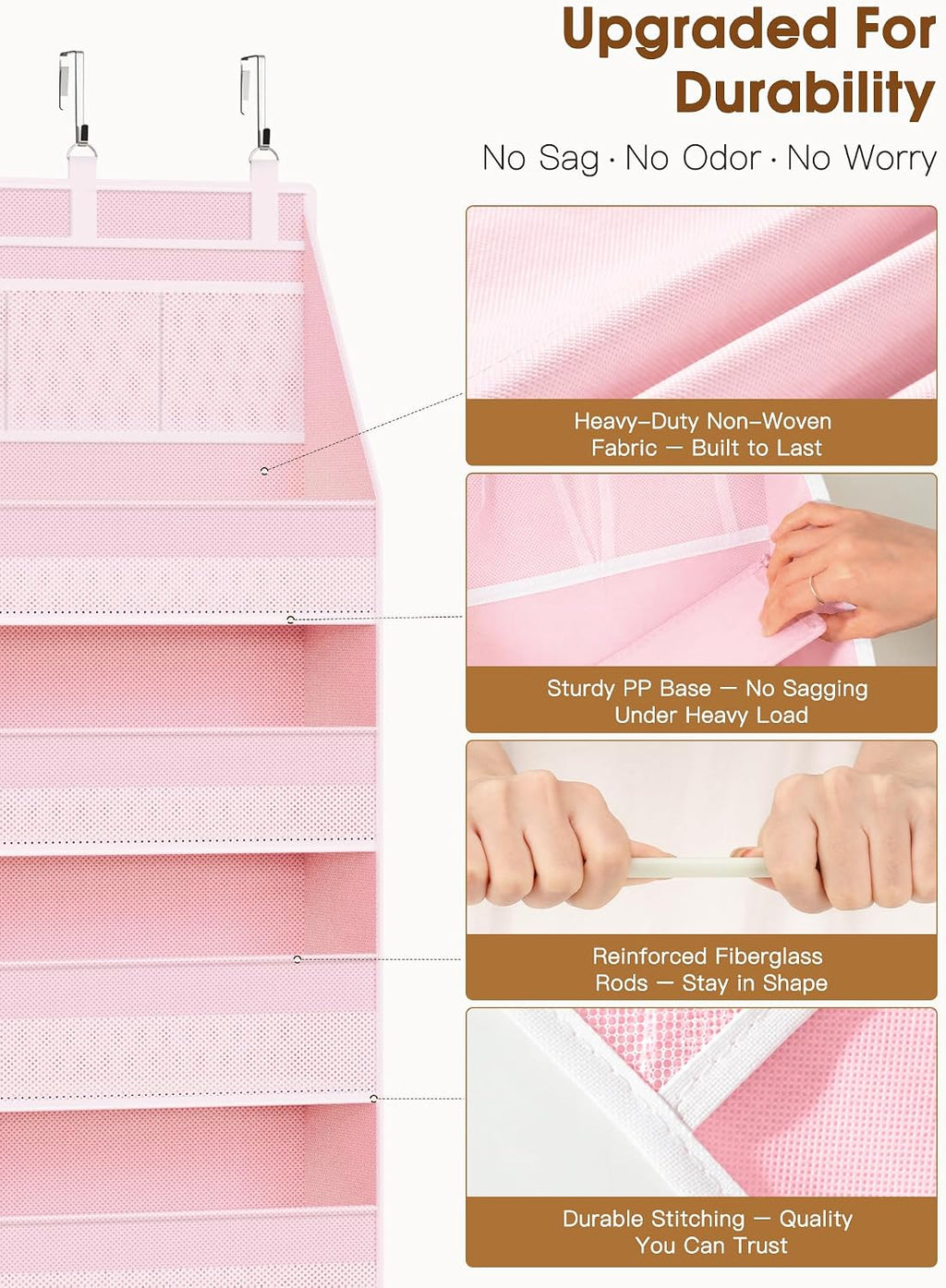 Criusia Over the Door Organizer, 6-Shelf Closet Hanging Storage with 13 Mesh Pockets, 55lbs Capacity Behind the Door Storage for Baby Nursery, Bathroom, Bedroom, and Dorm, Pink