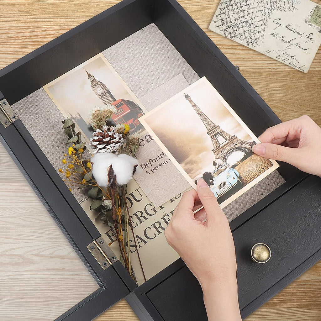 Butizone Shadow Box Frame, 3.2” Deep Shadow Box Display Case with Real Glass and Drawer, Rustic Wood Memory Boxes for Pictures, Flowers, Memorial, Medals, Wedding Bouquet for Wall or Tabletop, Black