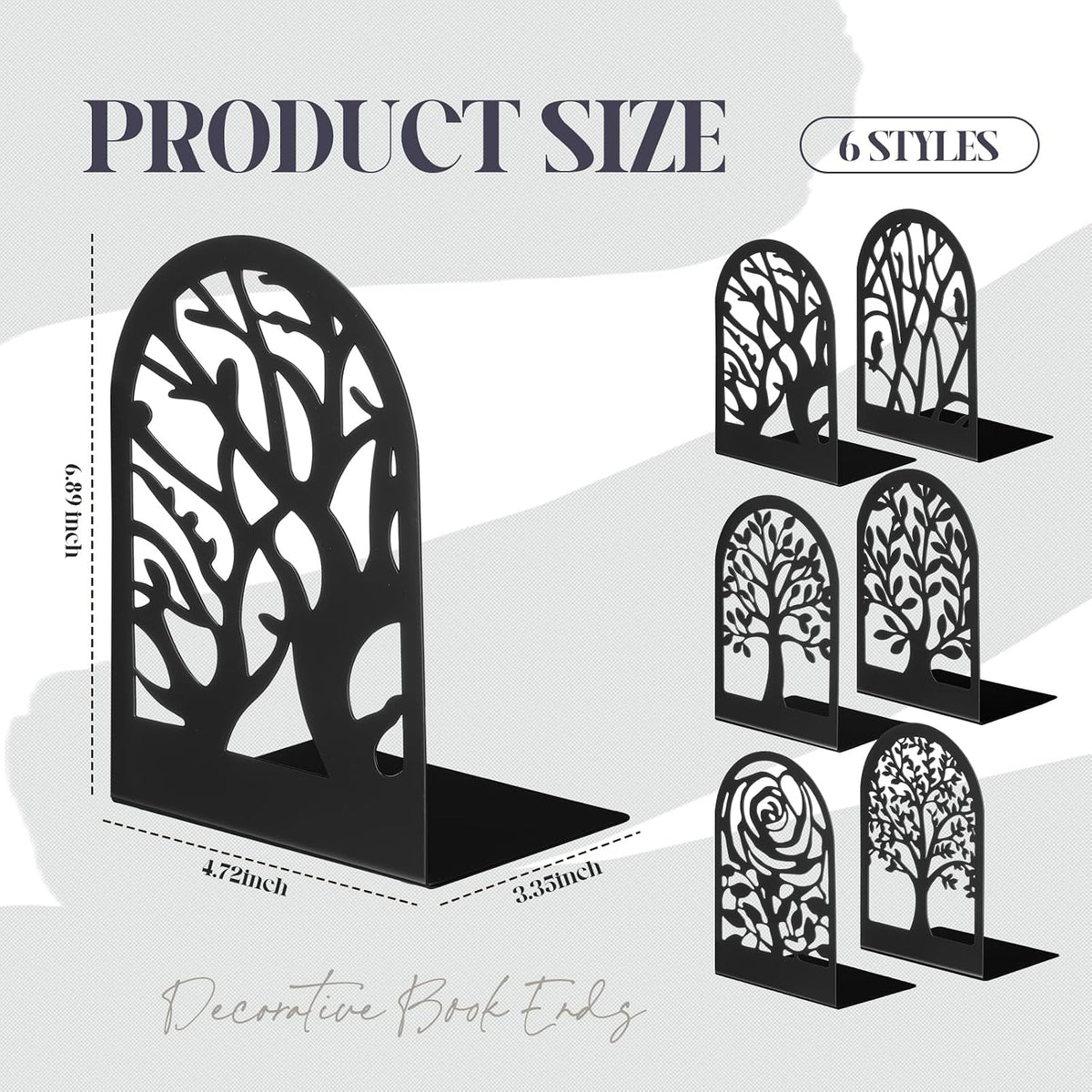 Feifeiya 6 Pairs Decorative Book Ends Metal Bookends for Shelves Black Metal Heavy Duty Book Ends Holder Supports Stoppers for Home Office School, 6.9x4.9x3.5”(Tree and Flower)