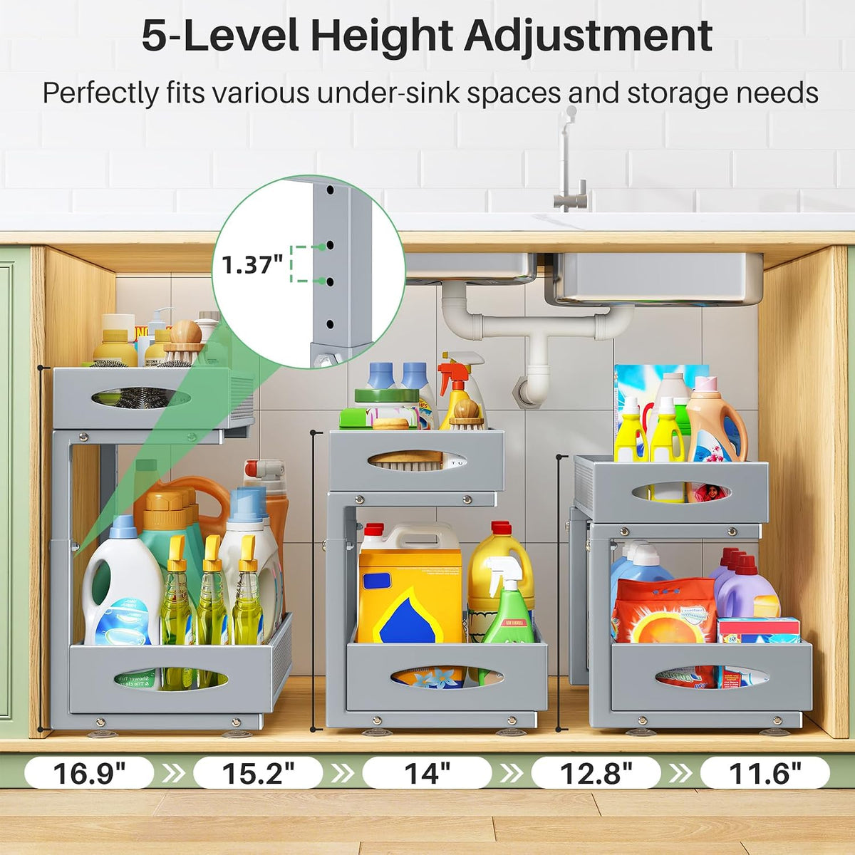 2 Pack Under Sink Organizer, 2 Tier Pull out Cabinet Organizer Mesh Baskets with 5 Adjustable Heights, Sliding Drawers Storage Shelf for Home, Kitchen, Bathroom, Pantry, Office, Countertop ,Grey