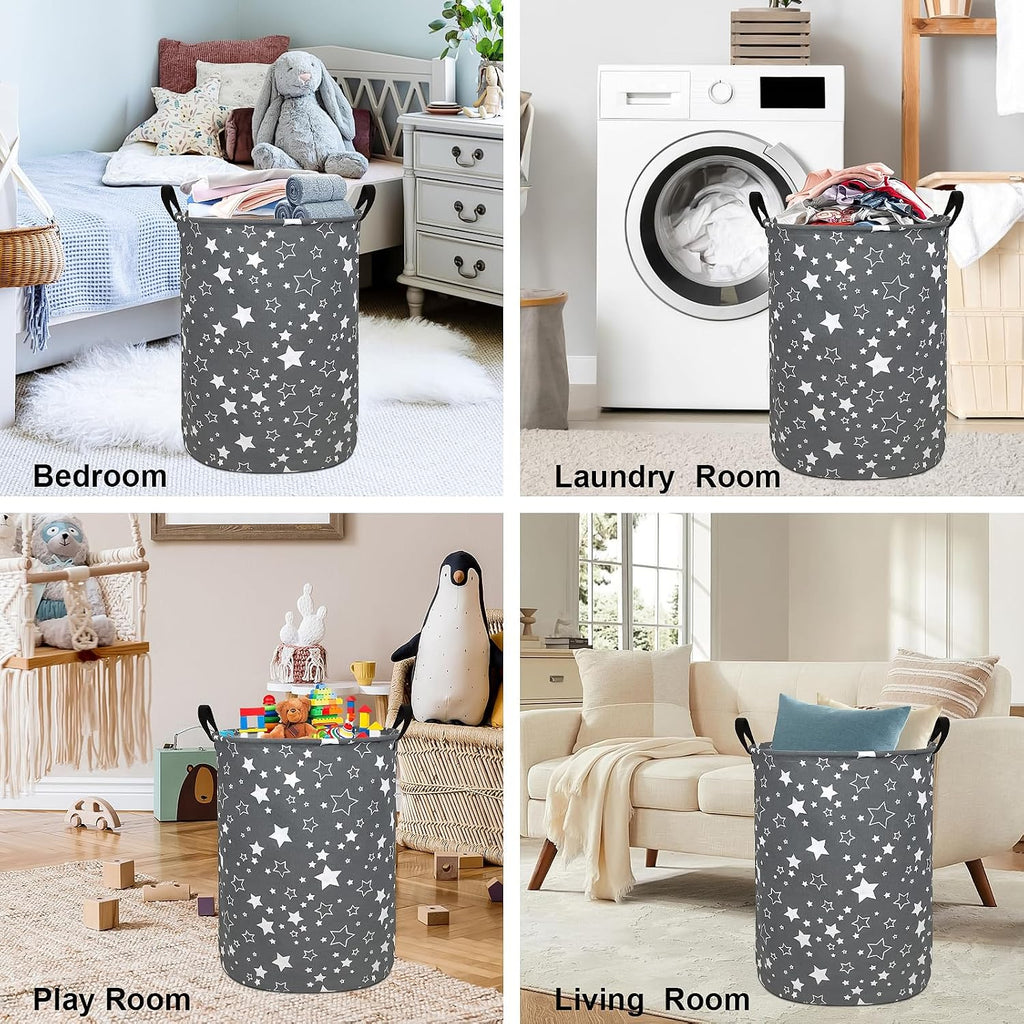 Round Fabric Collapsible Storage Basket with Handles,Grey star