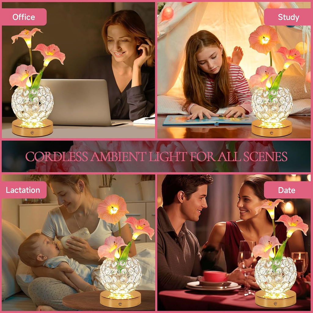 Flower Table Lamps, Rechargeable Cordless Desk Lamp, 3 Colors Dimmable Artificial Flowers Night Light, Morning Glory with Crystal Vase for Home Date Party Decoration (Morning Glory-Pink)