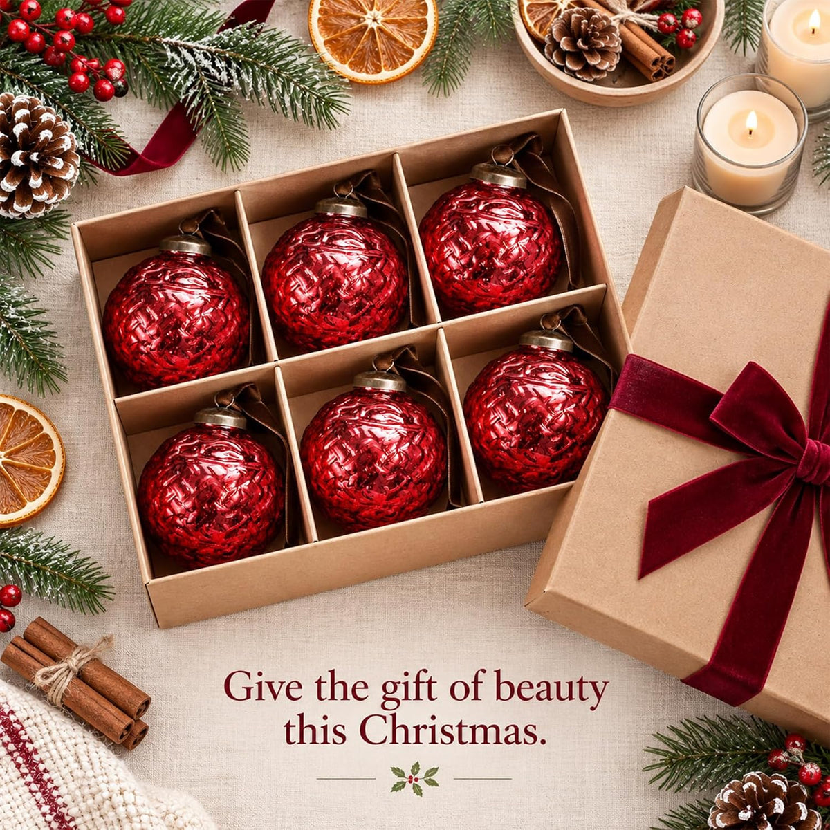 Threan 6 Pcs Vintage Red Mercury Glass Christmas Ornaments, Polka Dot