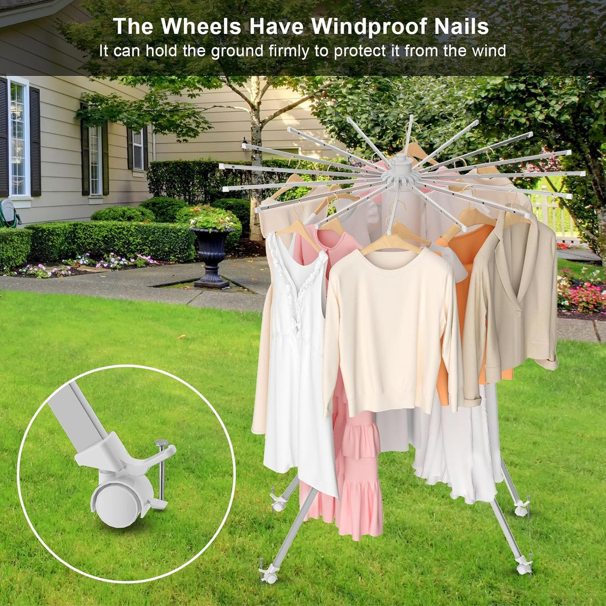 4-Legged Clothes Drying Rack Foldable, Outdoor Collapsible Drying Rack Clothing, Portable Laundry Drying Rack with 4 Pulleys, Aluminum Alloy Dry Rack for Clothes, Indoor, Balcony, Poolside, Camping