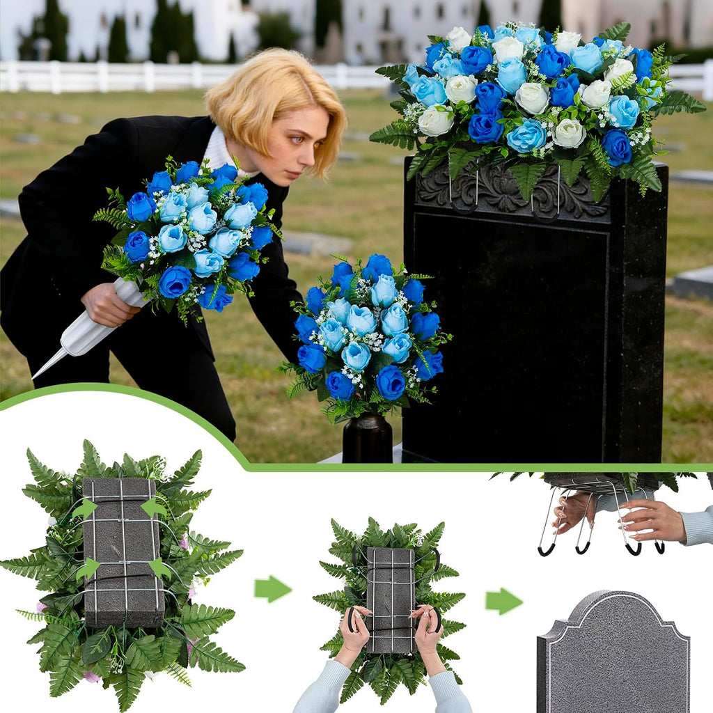 Artificial Cemetery Flowers Saddle Grave Memorial Rose Flowers with Vase for Cemetery Headstones Gravesites Decoration (White&Blue, 1 Saddle & 2Bouquets with Vase)