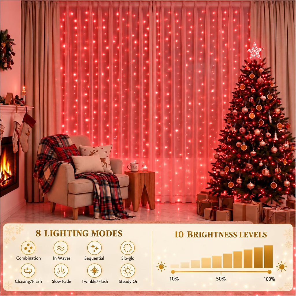 HXWEIYE 300LED Fairy Curtain Lights, 9.8x9.8Ft USB, Remote, 8 Modes & Timer