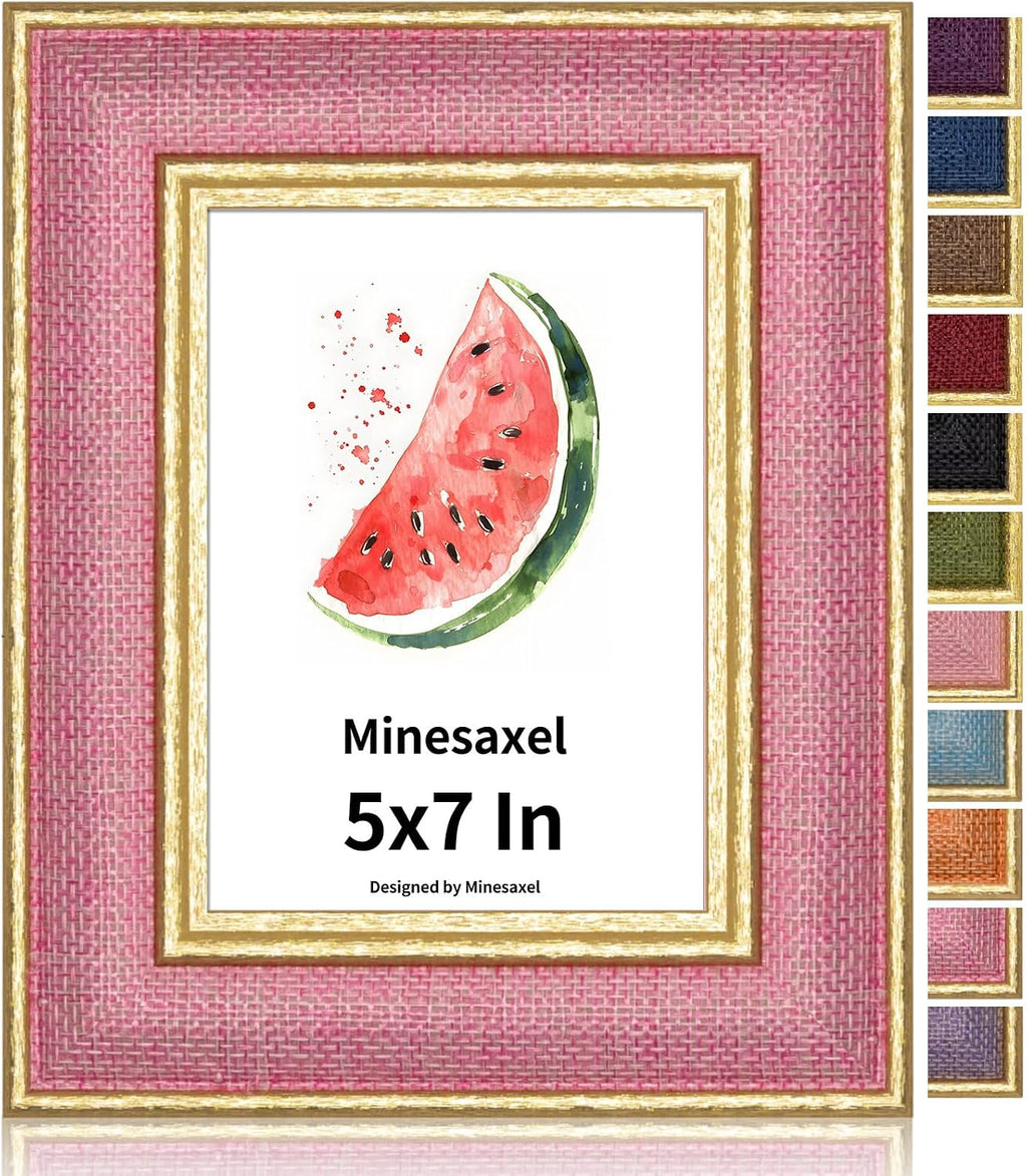 5x7 Picture Frame - Soft Pink Fabric & Vintage Gold Border HD Real Glass with Easel for Tabletop/Wall (Family Photos, Nursery Decor 1 Pack)