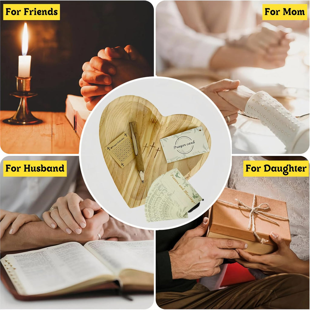 Heart Prayer Bowl with 30 Cards, Light Wood, Christian Gift