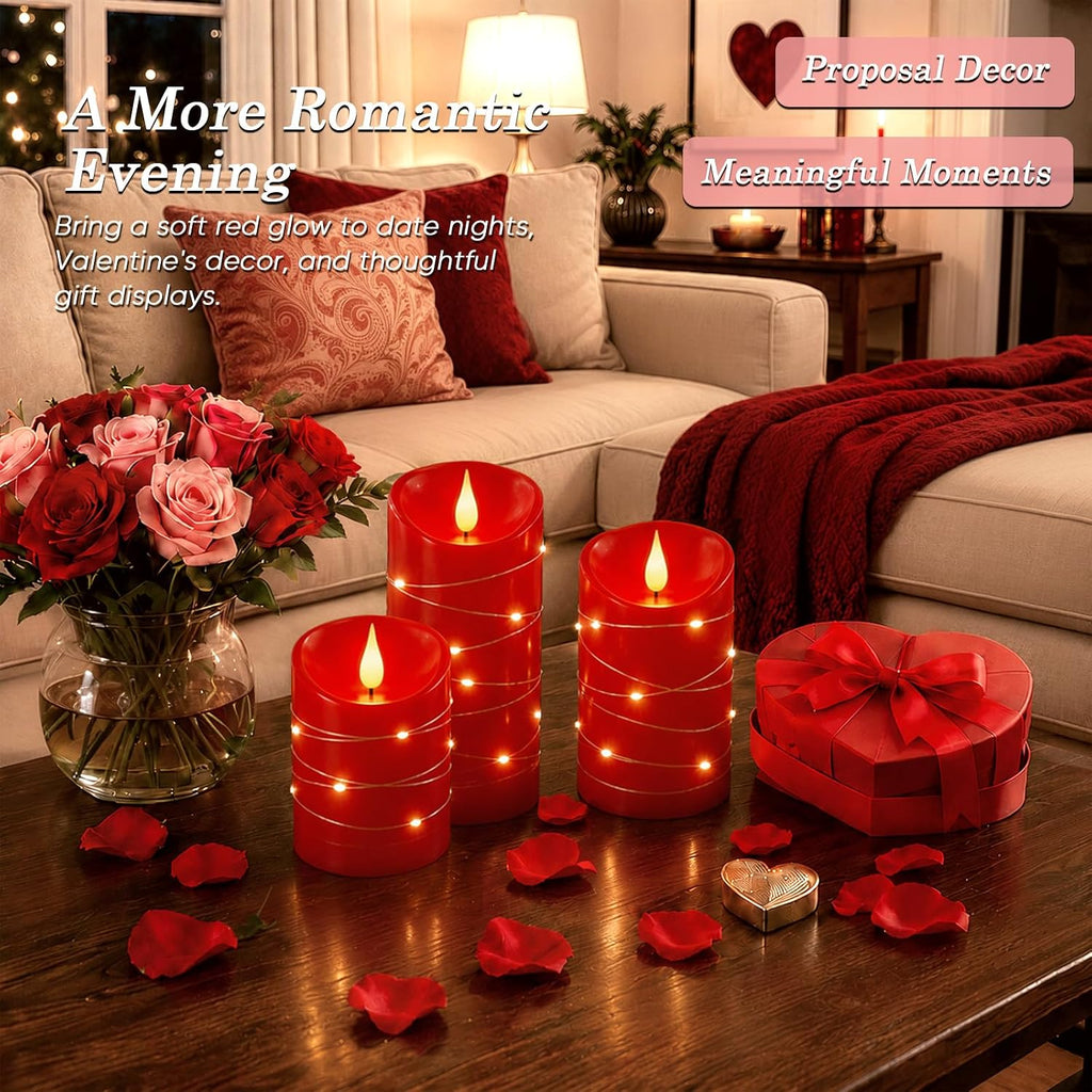 Homemory Red Flameless Candles with String Lights, 3 Pack Real Wax LED Pillar Candles with 3D Wicks, Battery Operated Candles with 11-Key Remote and Timer for Christmas Decor, 3" x 4"5" 6"