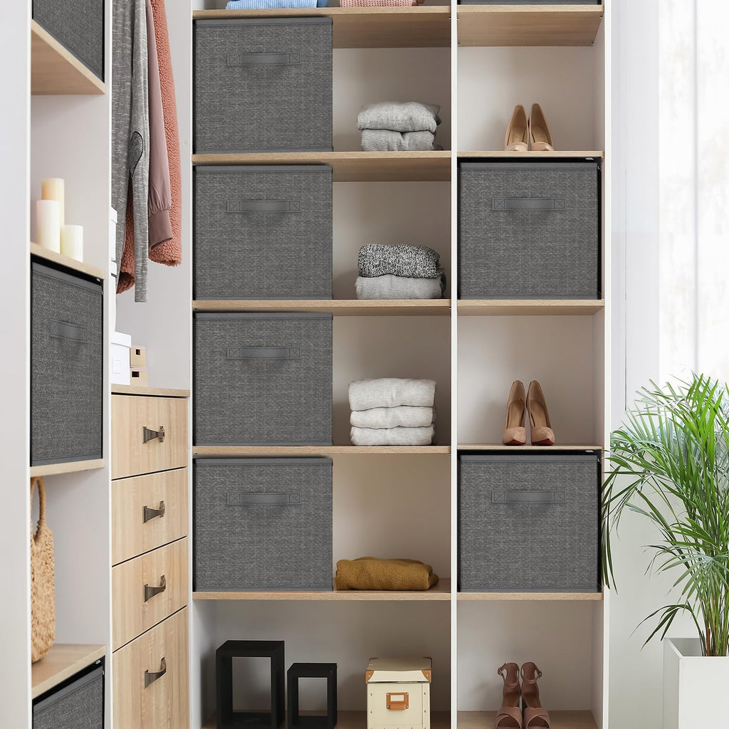 Nestl Cube Storage Bins, Foldable 6 Cube Storage Organizer Bins, Fabric Storage Cubes, Storage Basket with Handles, Grey Closet Storage Bins, 11-Inch Cube Storage Bins for Bedroom, Playroom and More