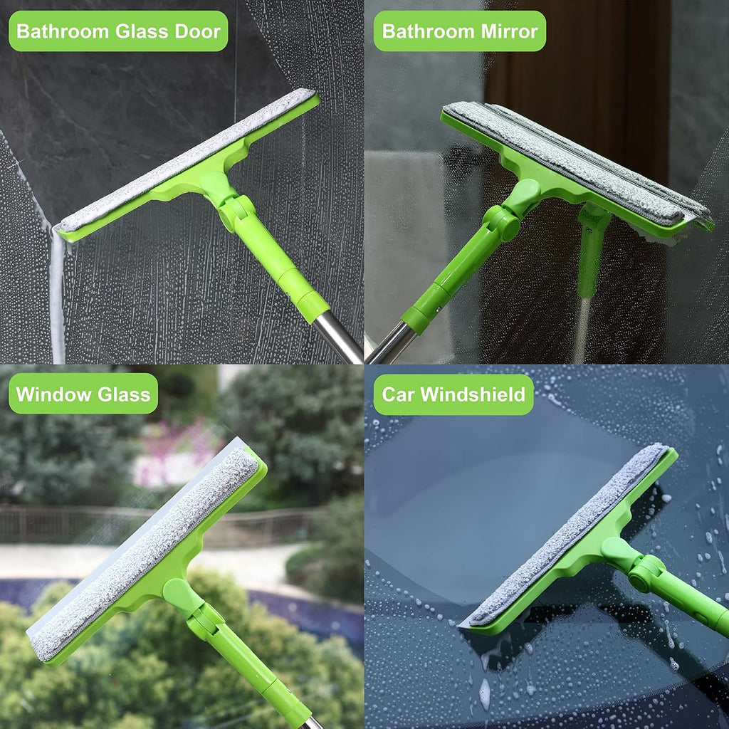 Shower Squeegee with 22.4"-30.1" Extendable Pole, 12" Wiper Blade for Glass, Tile, Car Windshield, Bathroom Mirror – Household Cleaning Tool (Green)